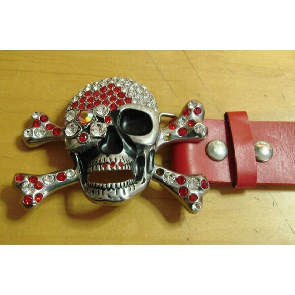 Rhinestone Skull Cross Bone Buckle Red Leather Belt Size XL 42-44 Punk Goth Rock main image 7